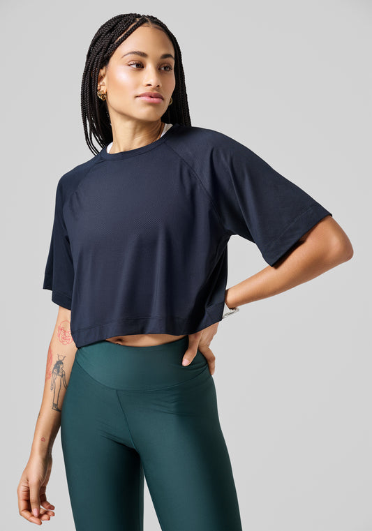 Laser Mesh Crop Tee - Black